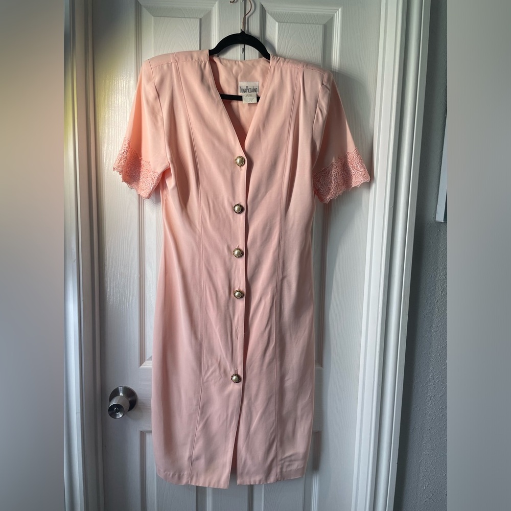Nina Piccalino Pink Sheath Midi Dress with Notched Collar